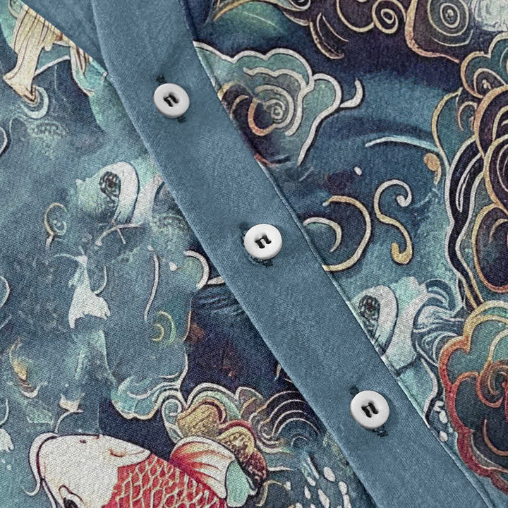 Buddha Stones Cotton Koi Fish Wave Pattern Men's Short Sleeve Half Button Shirt - image 8