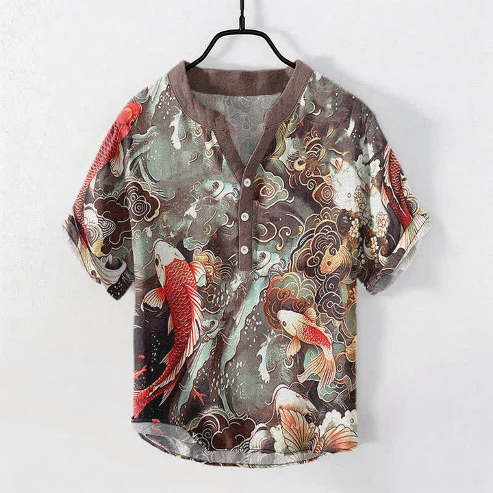 Buddha Stones Cotton Koi Fish Wave Pattern Men's Short Sleeve Half Button Shirt - Sienna - US/UK/AU50，EU60 (5XL) - image 10