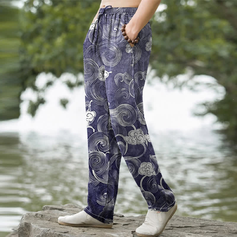 Buddha Stones Cotton Cloud Wave Pattern Men's Tapered Pants With Pockets - image 1