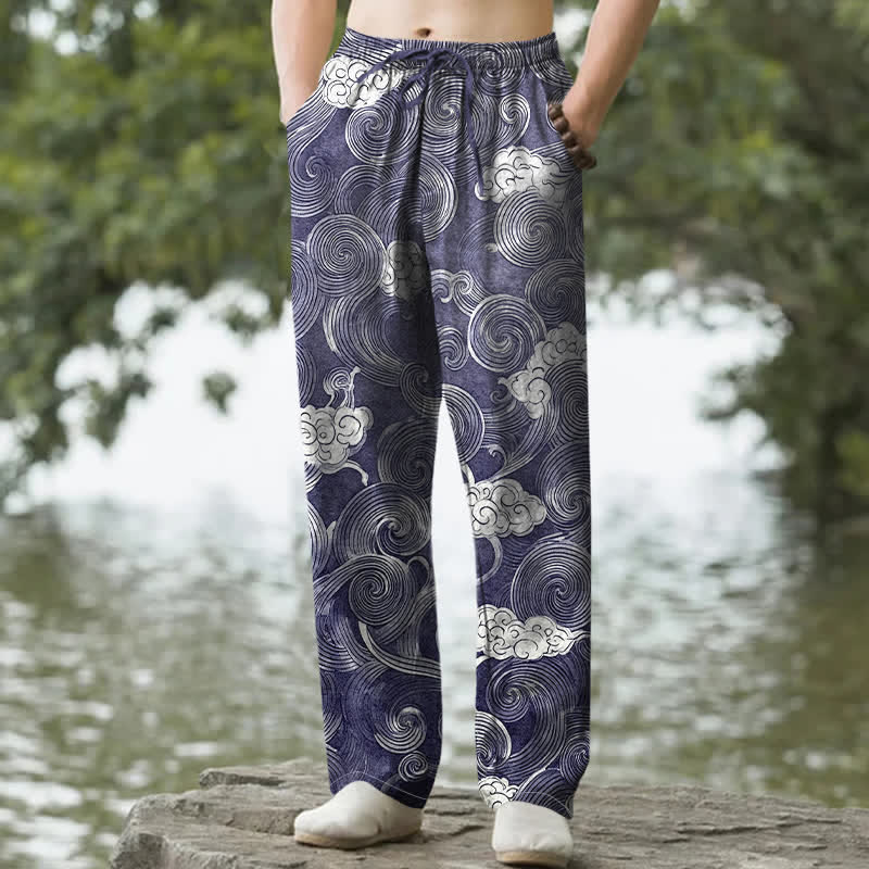 Buddha Stones Cotton Cloud Wave Pattern Men's Tapered Pants With Pockets - Navy - US/UK/AU50，EU60 (5XL) - image 0