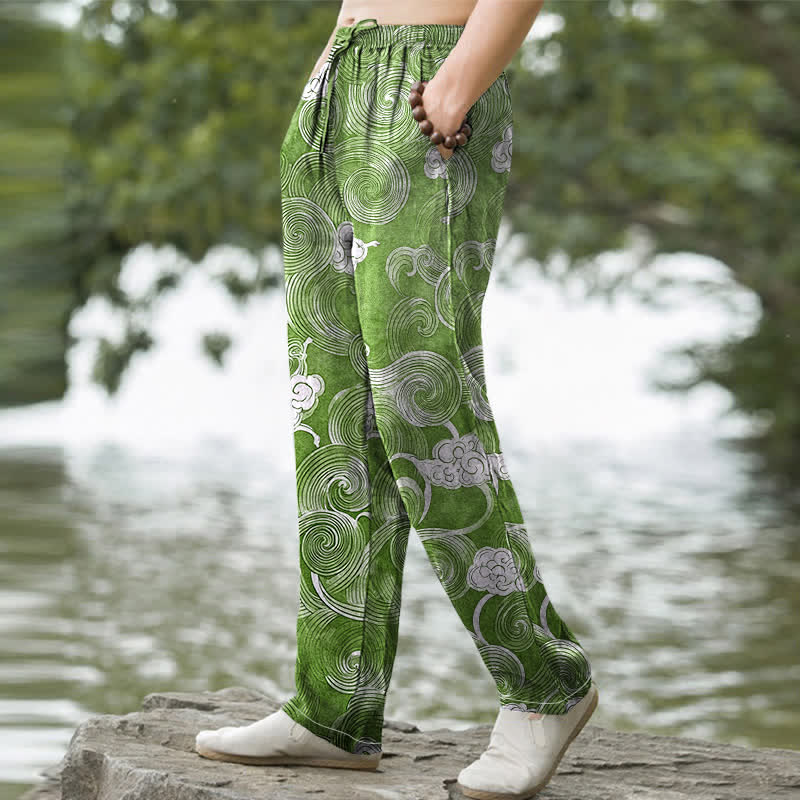 Buddha Stones Cotton Cloud Wave Pattern Men's Tapered Pants With Pockets - image 9