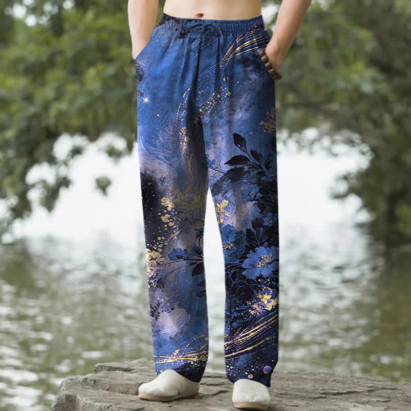 Buddha Stones Cotton Floral Starlight Pattern Men's Tapered Pants With Pockets - RoyalBlue - US/UK/AU50，EU60 (5XL) - image 0