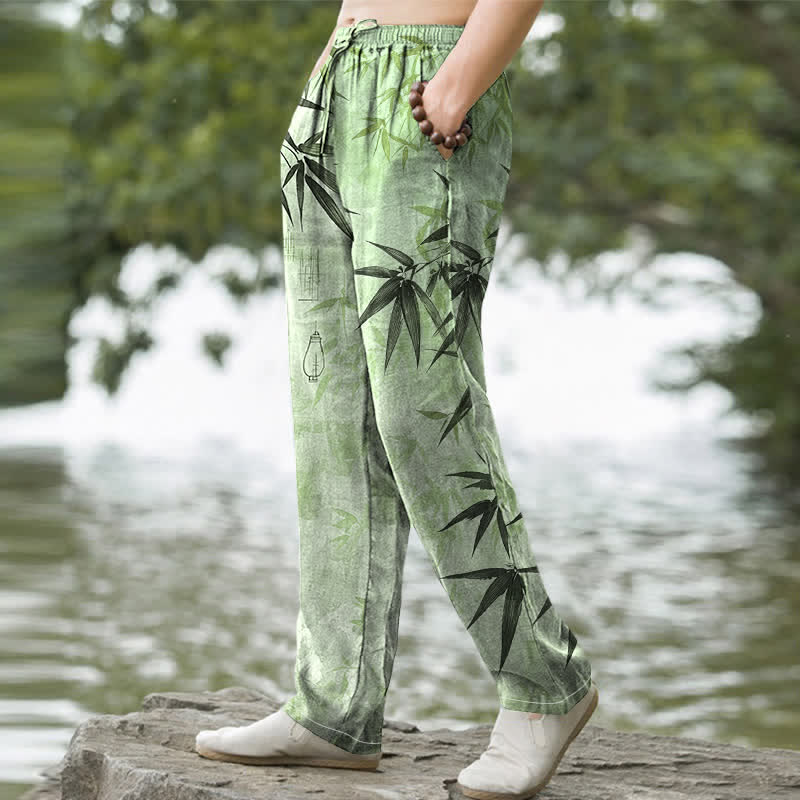 Buddha Stones Cotton Ink Bamboo Leaf Pattern Men's Tapered Pants With Pockets - image 1