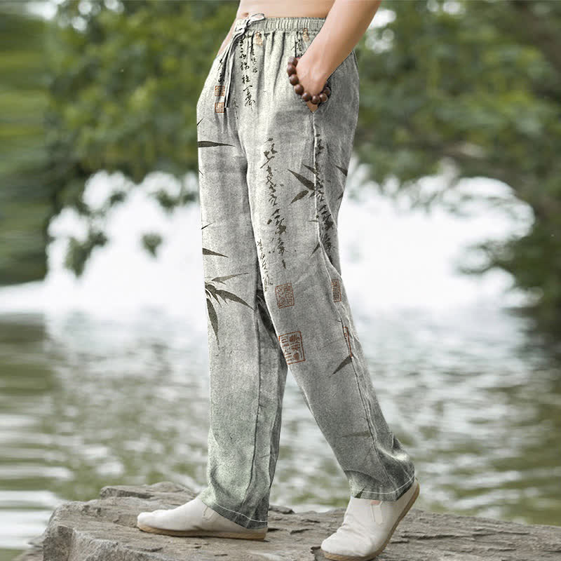 Buddha Stones Cotton Ink Bamboo Leaf Pattern Men's Tapered Pants With Pockets - image 1