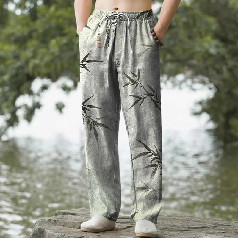 Buddha Stones Cotton Ink Bamboo Leaf Pattern Men's Tapered Pants With Pockets - Honeydew - US/UK/AU50，EU60 (5XL) - image 0