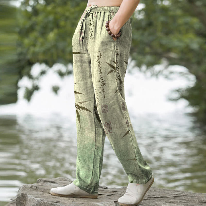 Buddha Stones Cotton Ink Bamboo Leaf Pattern Men's Tapered Pants With Pockets - image 5