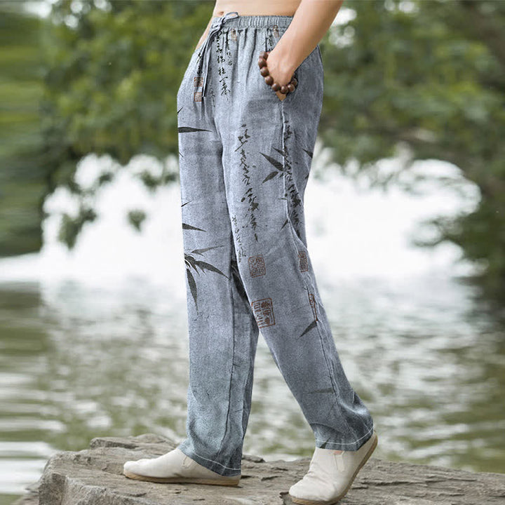 Buddha Stones Cotton Ink Bamboo Leaf Pattern Men's Tapered Pants With Pockets - image 9