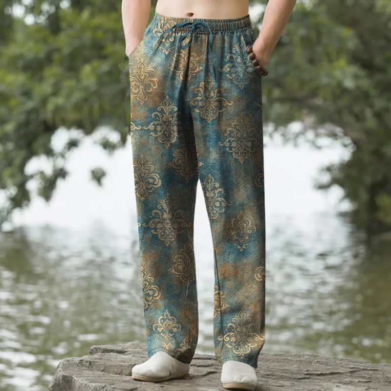 Buddha Stones Cotton Vintage Baroque Pattern Men's Tapered Pants With Pockets - Teal - US/UK/AU50，EU60 (5XL) - image 0