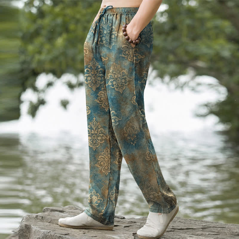 Buddha Stones Cotton Vintage Baroque Pattern Men's Tapered Pants With Pockets - image 1