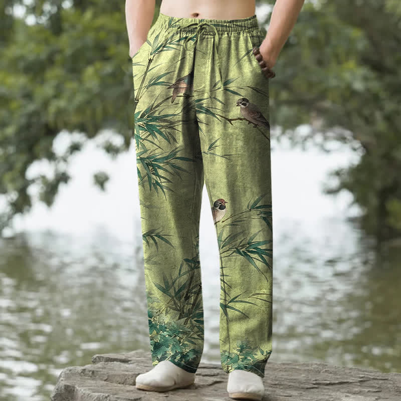 Buddha Stones Cotton Bamboo Bird Pattern Men's Tapered Pants With Pockets - OliveDrab - US/UK/AU50，EU60 (5XL) - image 0