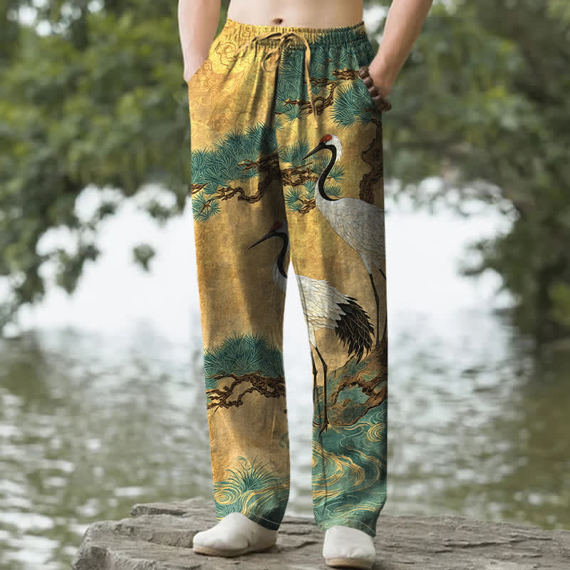 Buddha Stones Cotton Crane Pine Pattern Men's Tapered Pants With Pockets - Gold - US/UK/AU50，EU60 (5XL) - image 0