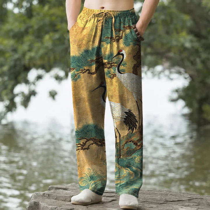 Buddha Stones Cotton Crane Pine Pattern Men's Tapered Pants With Pockets - Gold - US/UK/AU50，EU60 (5XL) - image 0