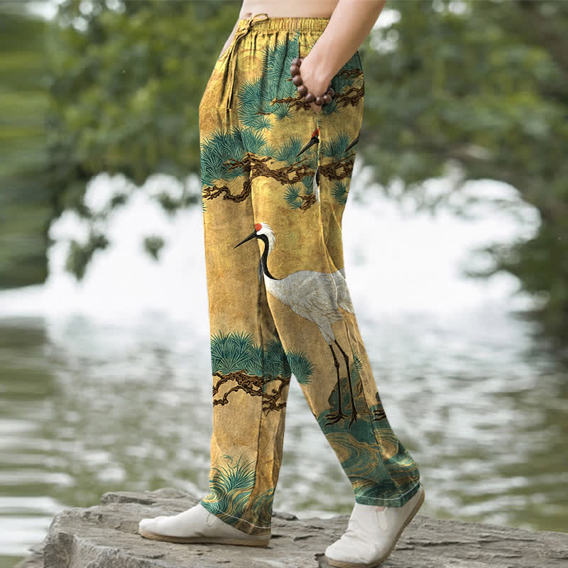 Buddha Stones Cotton Crane Pine Pattern Men's Tapered Pants With Pockets - image 1