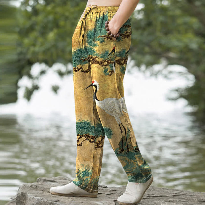 Buddha Stones Cotton Crane Pine Pattern Men's Tapered Pants With Pockets - image 1