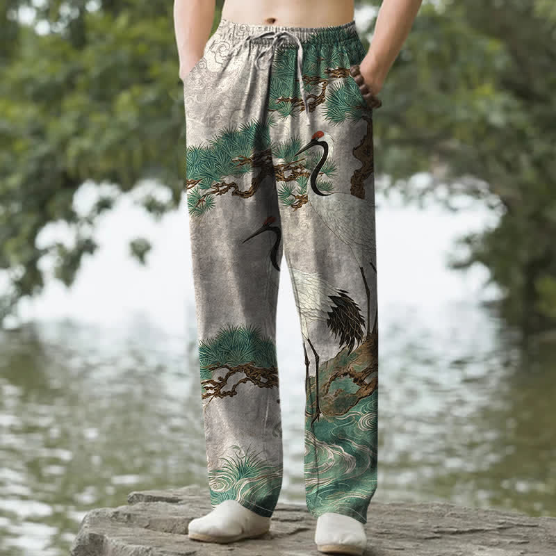 Buddha Stones Cotton Crane Pine Pattern Men's Tapered Pants With Pockets - Gainsboro - US/UK/AU50，EU60 (5XL) - image 4