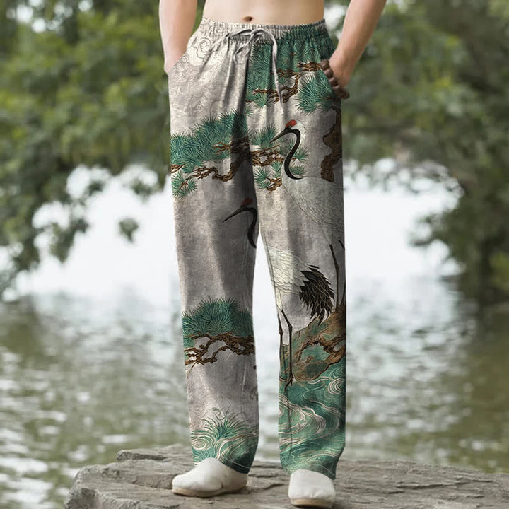 Buddha Stones Cotton Crane Pine Pattern Men's Tapered Pants With Pockets - Gainsboro - US/UK/AU50，EU60 (5XL) - image 4