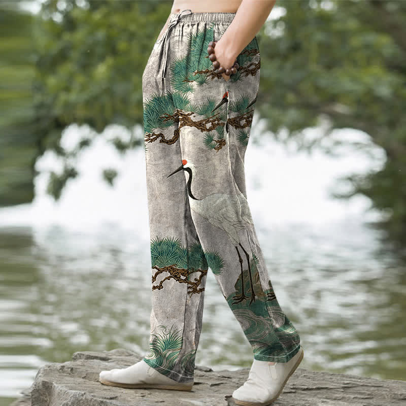 Buddha Stones Cotton Crane Pine Pattern Men's Tapered Pants With Pockets - image 5