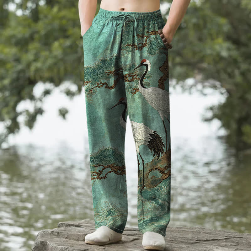 Buddha Stones Cotton Crane Pine Pattern Men's Tapered Pants With Pockets - MediumAquamarine - US/UK/AU50，EU60 (5XL) - image 8
