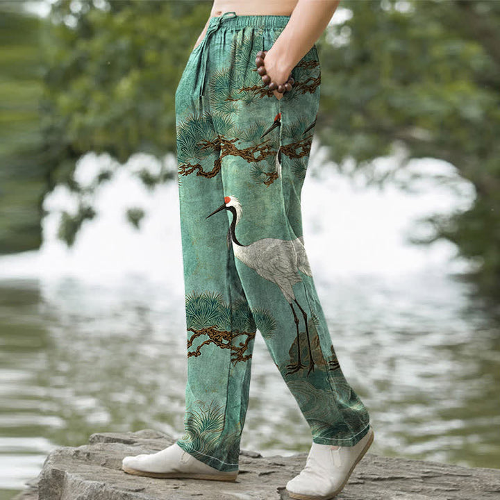 Buddha Stones Cotton Crane Pine Pattern Men's Tapered Pants With Pockets - image 9