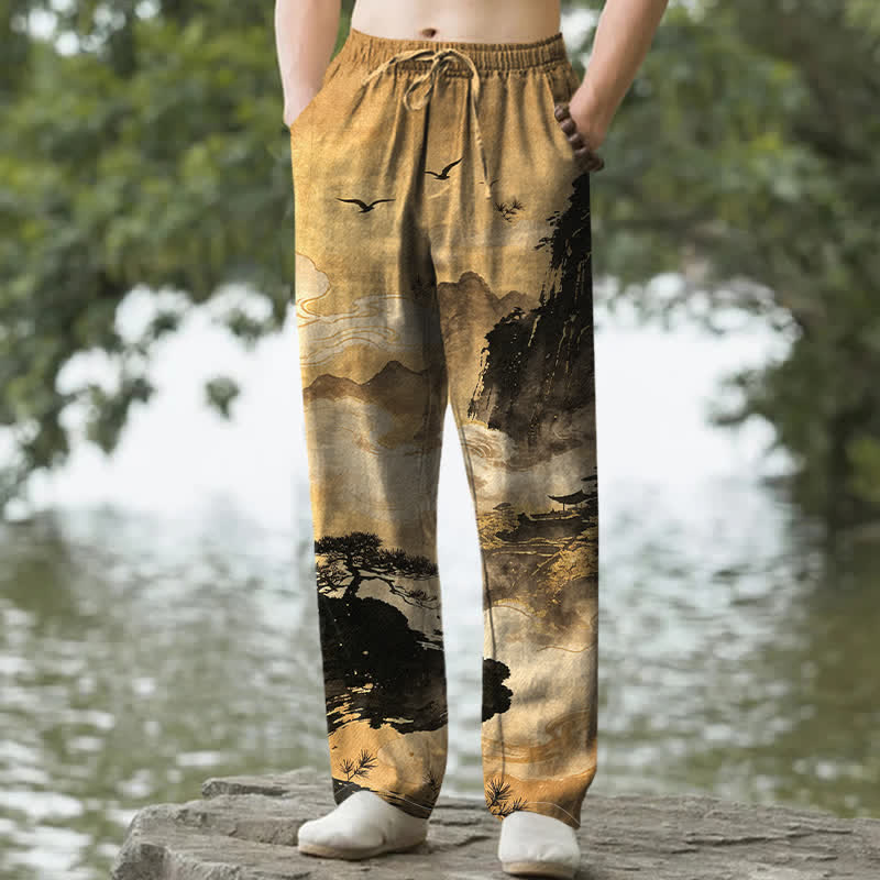 Buddha Stones Cotton Ink Landscape Pattern Men's Tapered Pants With Pockets - Goldenrod - US/UK/AU50，EU60 (5XL) - image 0