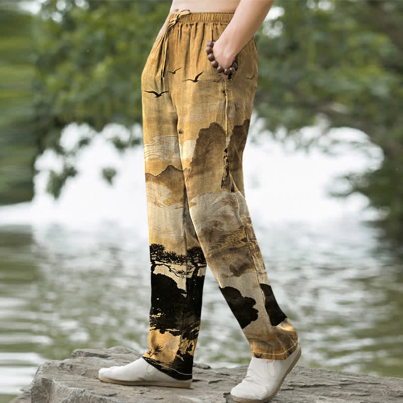 Buddha Stones Cotton Ink Landscape Pattern Men's Tapered Pants With Pockets - image 1