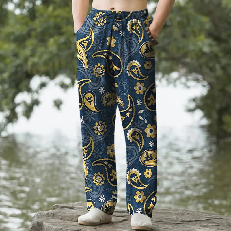 Buddha Stones Cotton Paisley Floral Pattern Men's Tapered Pants With Pockets - SteelBlue - US/UK/AU50，EU60 (5XL) - image 0