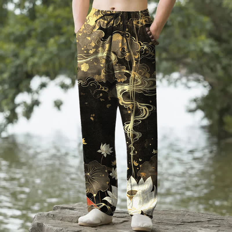 Buddha Stones Cotton Lotus Cloud Pattern Men's Tapered Pants With Pockets - Black - US/UK/AU50，EU60 (5XL) - image 0