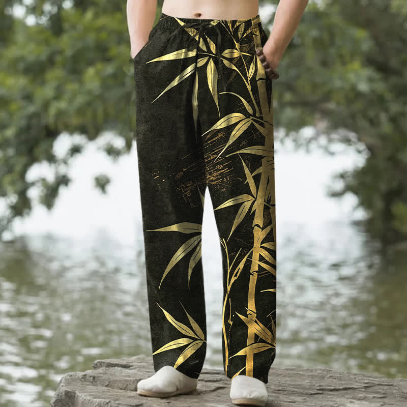 Buddha Stones Cotton Golden Bamboo Leaf Pattern Men's Tapered Pants With Pockets - Black - US/UK/AU50，EU60 (5XL) - image 0