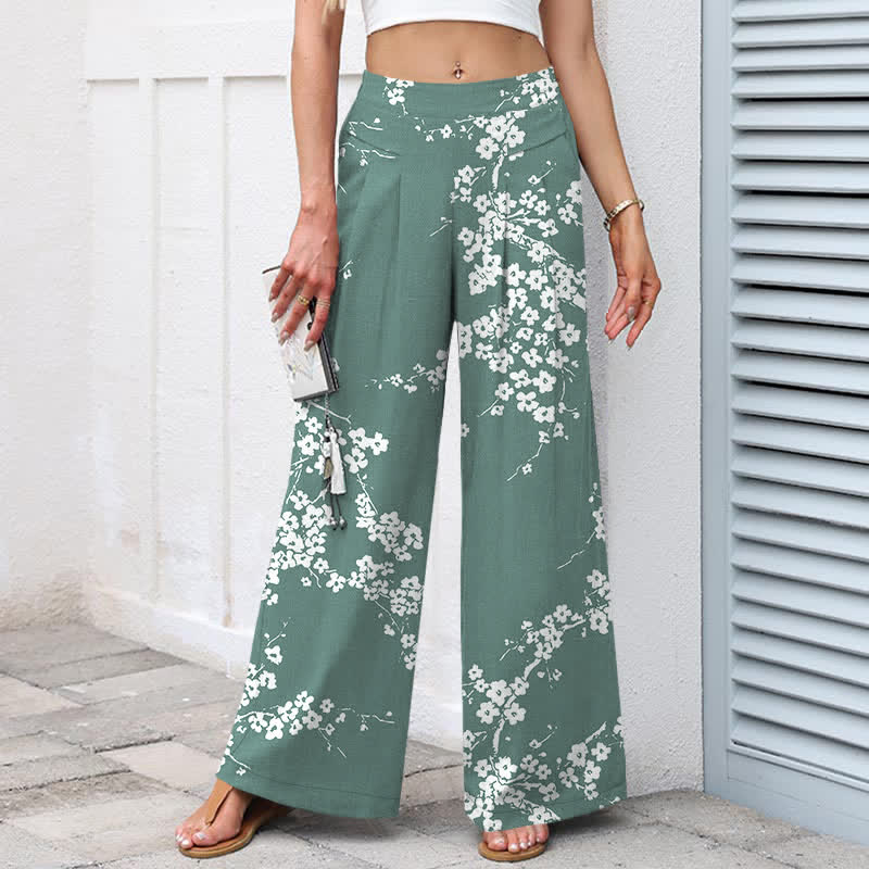 Buddha Stones Cotton Linen White Sakura Branch Pattern Women's Elastic Waist Wide Leg Pants With Pockets - image 5