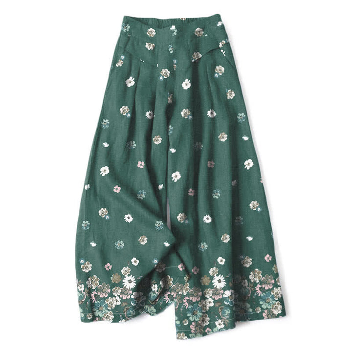 Buddha Stones Cotton Linen Vintage Daisy Floral Pattern Women's Elastic Waist Wide Leg Pants With Pockets - SeaGreen - US16，UK/AU20，EU48 (3XL) - image 0