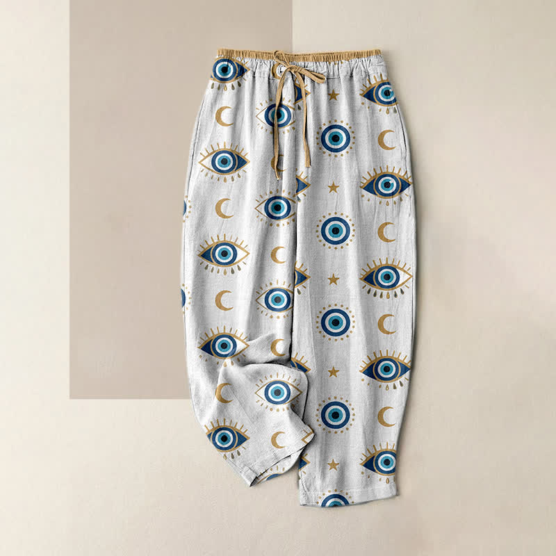 Buddha Stones Pure Cotton Mystic Evil Eye Pattern Women's Elastic Waist Pants With Pockets - White - US16，UK/AU20，EU48 (3XL) - image 3