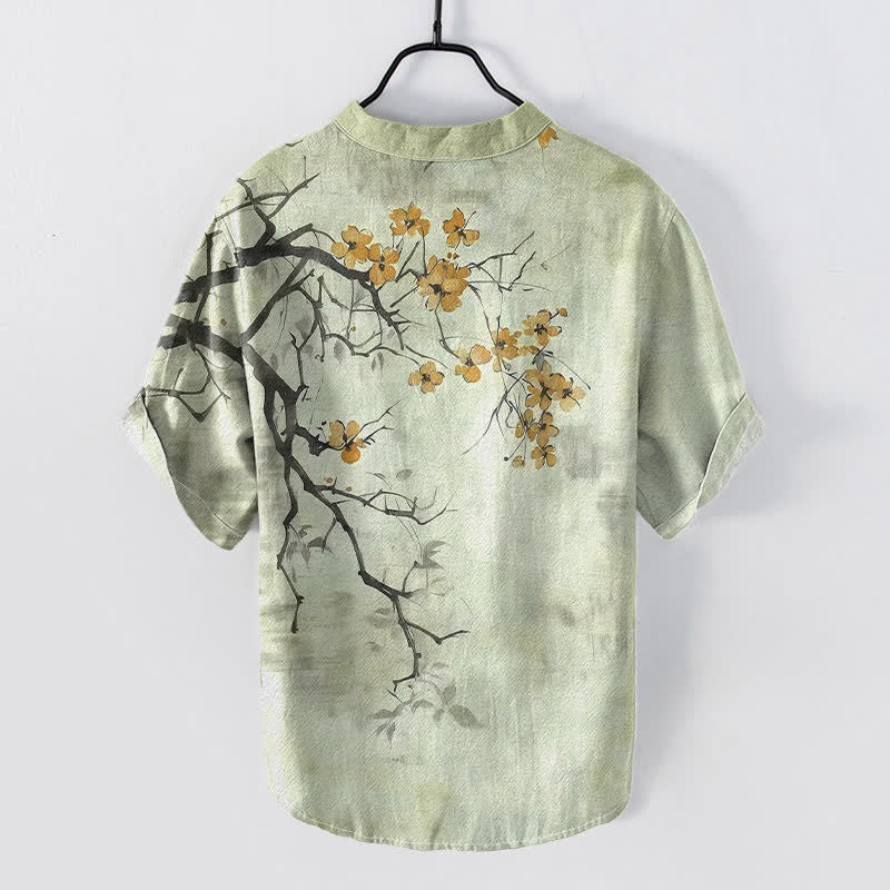 Buddha Stones Cotton Plum Blossom Branch Pattern Men's Short Sleeve Half Button Shirt - image 4