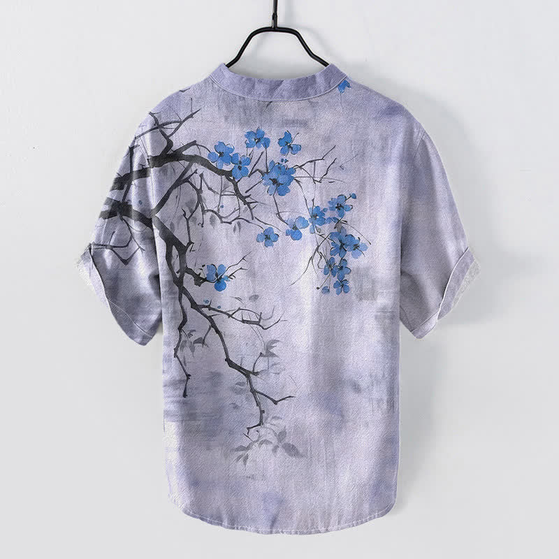 Buddha Stones Cotton Plum Blossom Branch Pattern Men's Short Sleeve Half Button Shirt - image 6