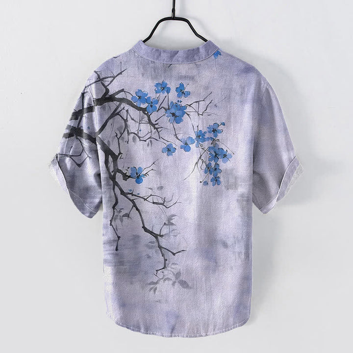 Buddha Stones Cotton Plum Blossom Branch Pattern Men's Short Sleeve Half Button Shirt - image 6
