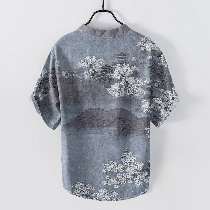 Buddha Stones Cotton Mountain Blossom Pattern Men's Short Sleeve Half Button Shirt - image 4