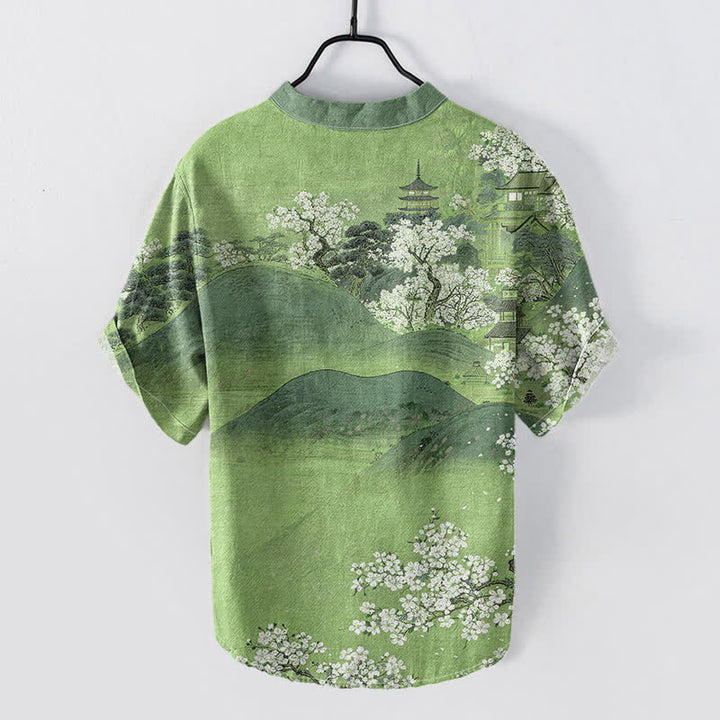 Buddha Stones Cotton Mountain Blossom Pattern Men's Short Sleeve Half Button Shirt - image 6