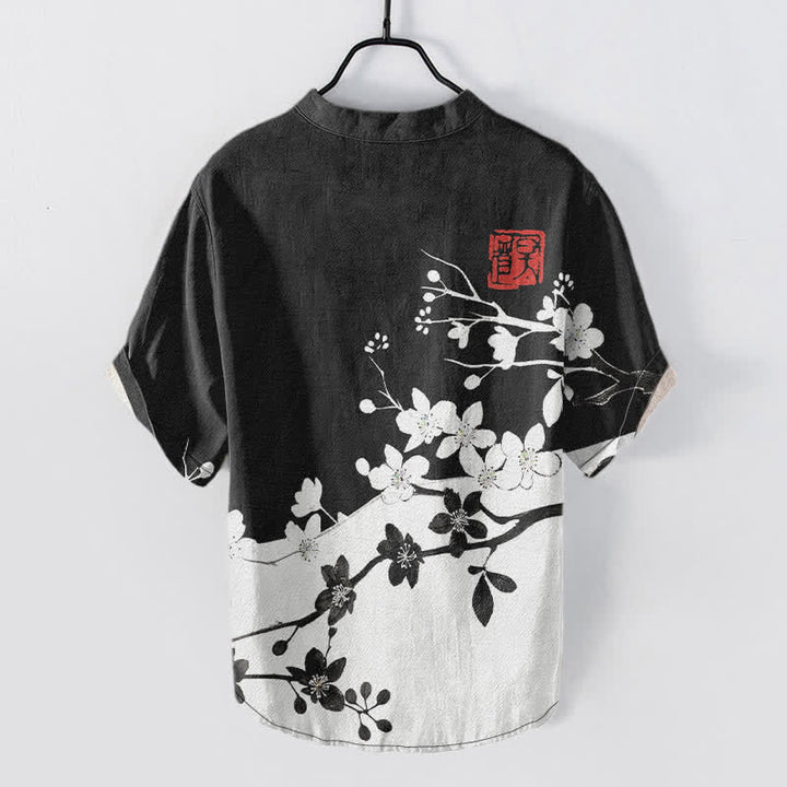 Buddha Stones Cotton Plum Blossom Branch Pattern Men's Short Sleeve Half Button Shirt - image 1