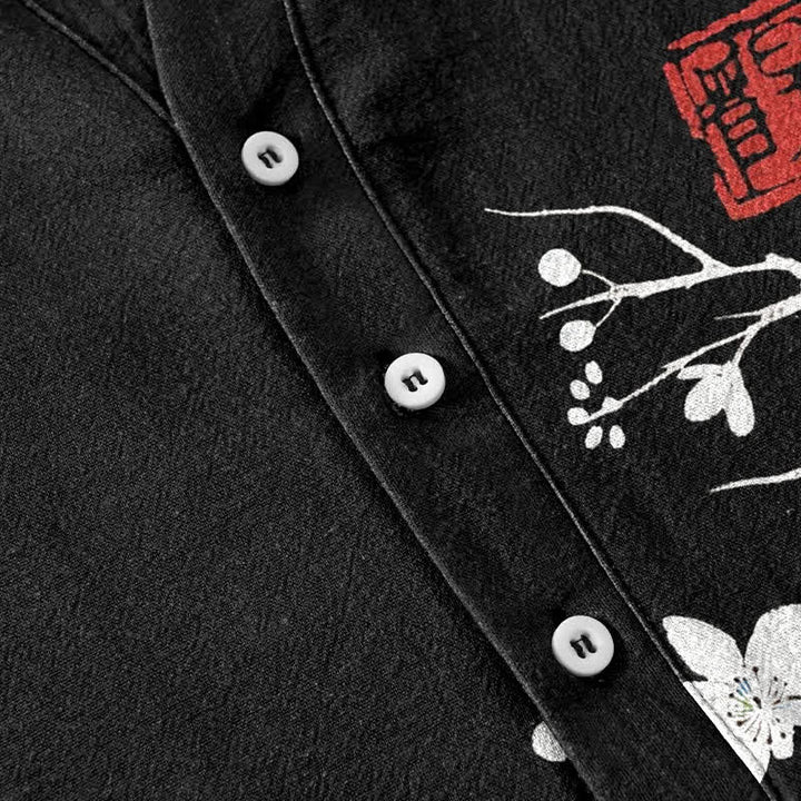 Buddha Stones Cotton Plum Blossom Branch Pattern Men's Short Sleeve Half Button Shirt - image 3