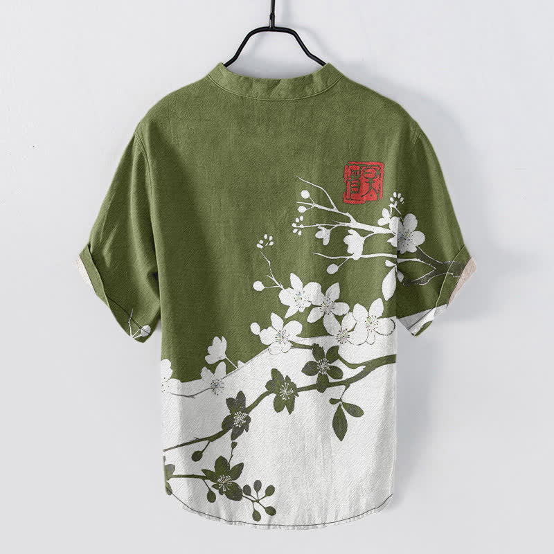 Buddha Stones Cotton Plum Blossom Branch Pattern Men's Short Sleeve Half Button Shirt - image 8