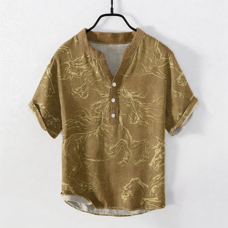 Buddha Stones Cotton Running Horse Line Pattern Men's Short Sleeve Half Button Shirt - Peru - US/UK/AU50，EU60 (5XL) - image 3