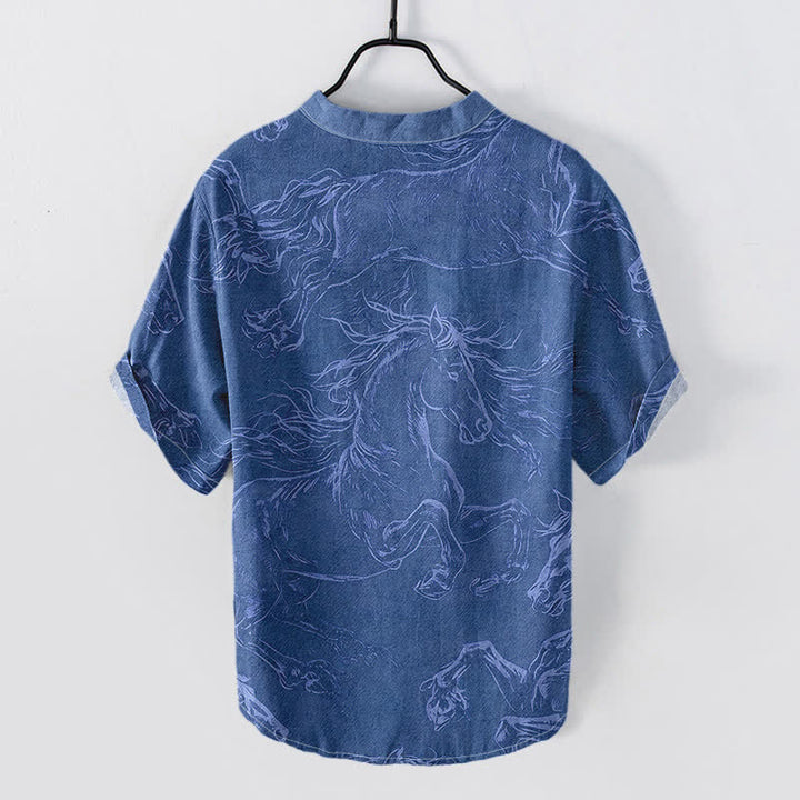 Buddha Stones Cotton Running Horse Line Pattern Men's Short Sleeve Half Button Shirt - image 6