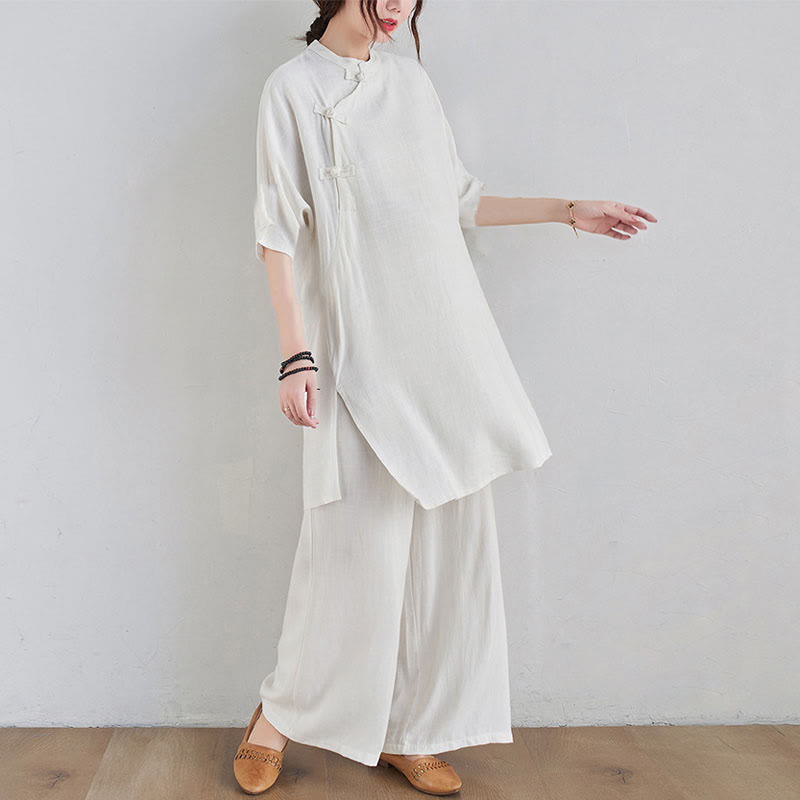 Buddha Stones 2Pcs Plain Design Zen Tai Chi Meditation Clothing Cotton Linen Top Pants Women's Set - image 14