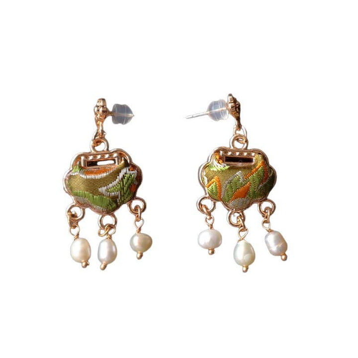 Buddha Stones Song Brocade Handcrafted Silk Art Peace Lock Pearl Protection Drop Earrings - image 6