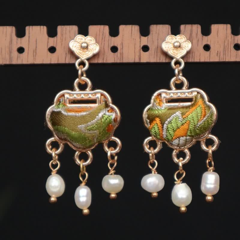 Buddha Stones Song Brocade Handcrafted Silk Art Peace Lock Pearl Protection Drop Earrings - Silver(Blessing♥Calm) - image 0
