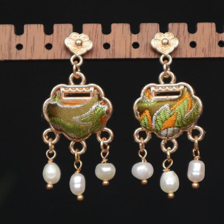 Buddha Stones Song Brocade Handcrafted Silk Art Peace Lock Pearl Protection Drop Earrings - Silver(Blessing♥Calm) - image 0