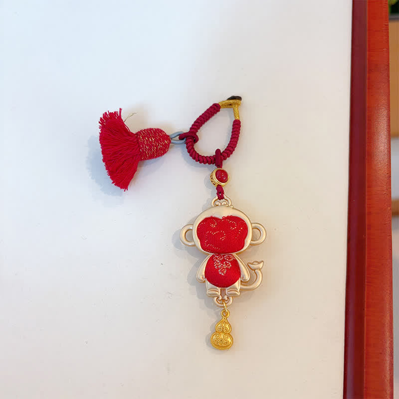 Buddha Stones Song Brocade Handmade Chinese Zodiac Tassel Lucky Keychain - Monkey - Red - image 31