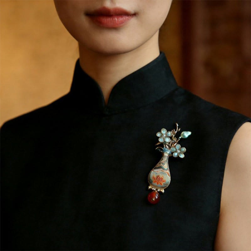 Buddha Stones Song Brocade Flower Vase Design Elegant Brooch - image 7
