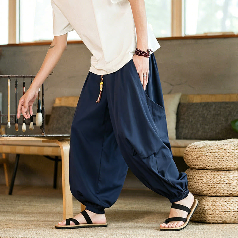 Buddha Stones Summer Casual Vintage Drawstring Solid Ankle Length Pants Men's Harem Pants With Pockets - Navy - US/UK/AU46，EU56 (5XL) - image 13