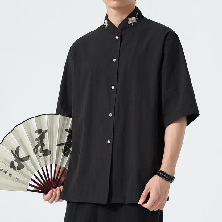 Buddha Stones Summer Tang Style Mandarin Collar Lotus Embroidery Solid Men's Shirts - image 10