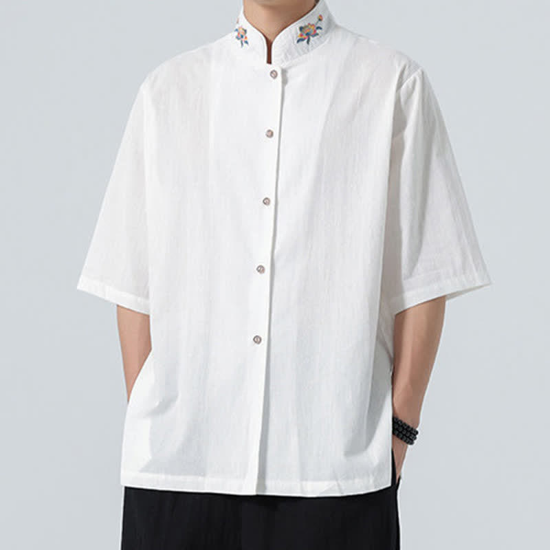 Buddha Stones Summer Tang Style Mandarin Collar Lotus Embroidery Solid Men's Shirts - image 22